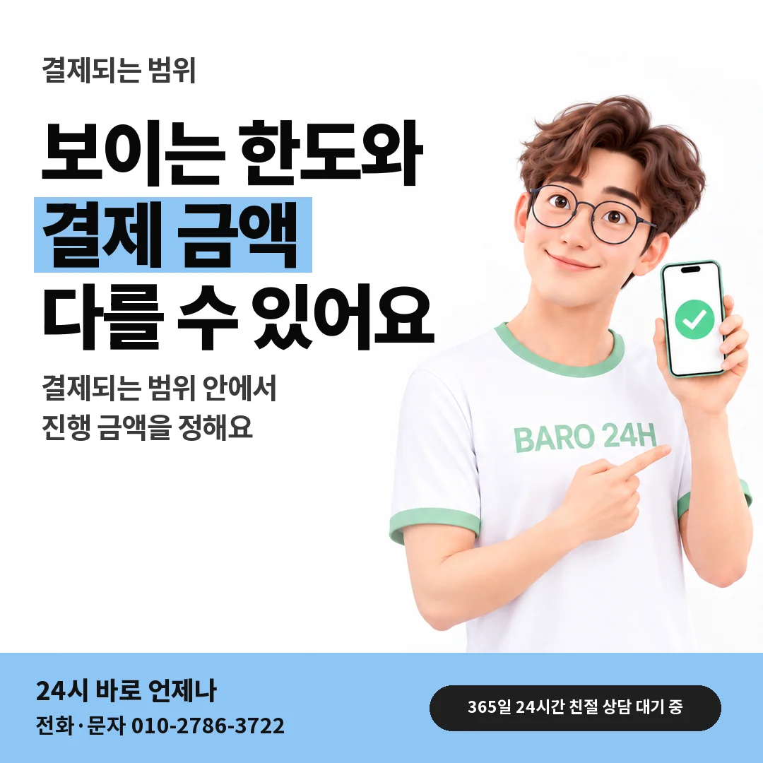 BARO 24H 티셔츠를 입은 3D 인물 옆에 「아이폰 결제되는 범위 확인」 제목을 얹은 안내 카드